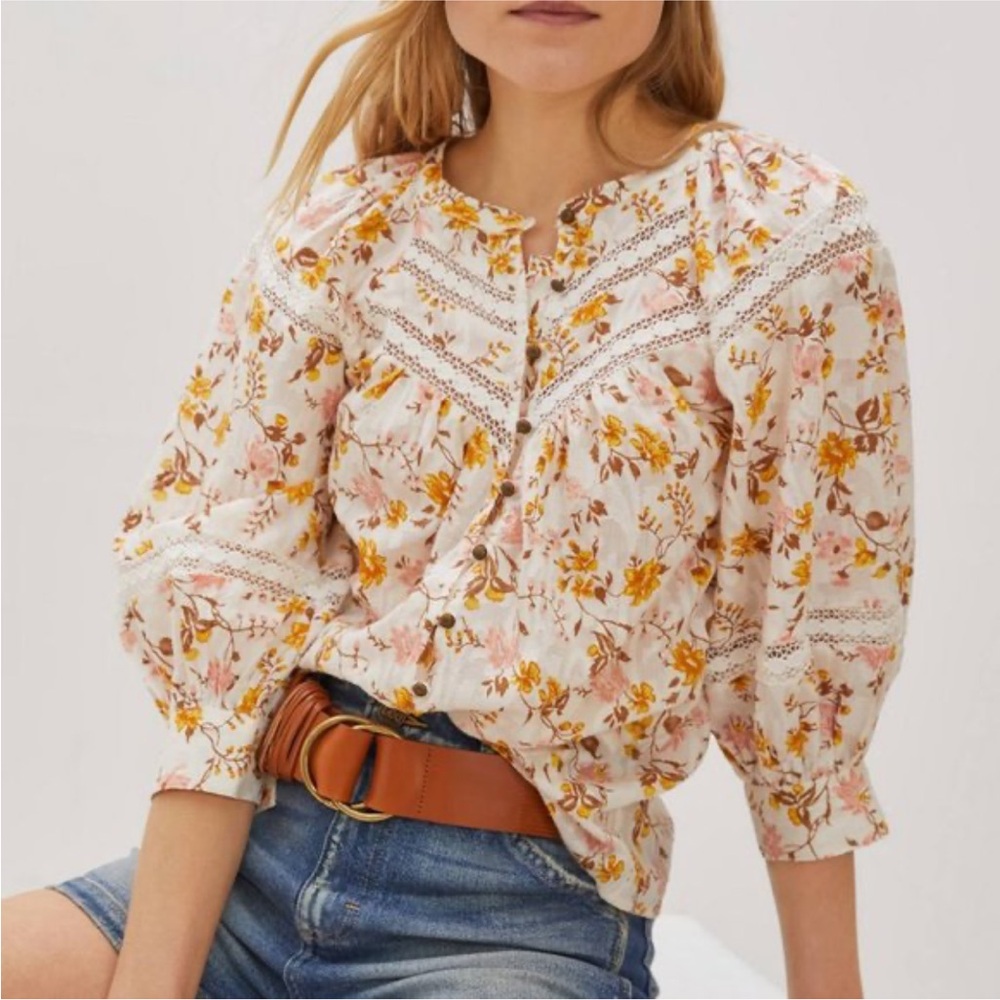 Anthropologie Cream Floral Lace-Trim Peasant Blouse